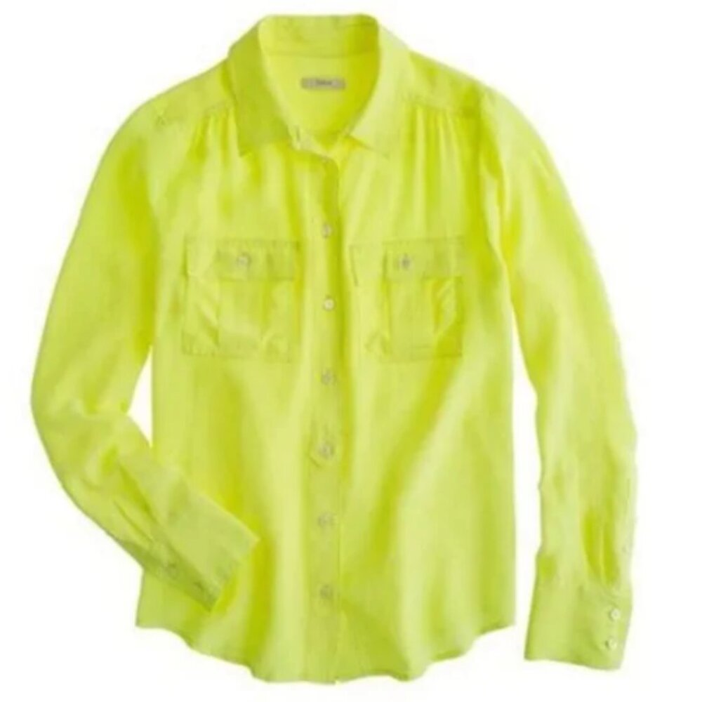 J. Crew Blythe Canary Neon Yellow Semi Sheer 100% Silk Button Down Blouse Top